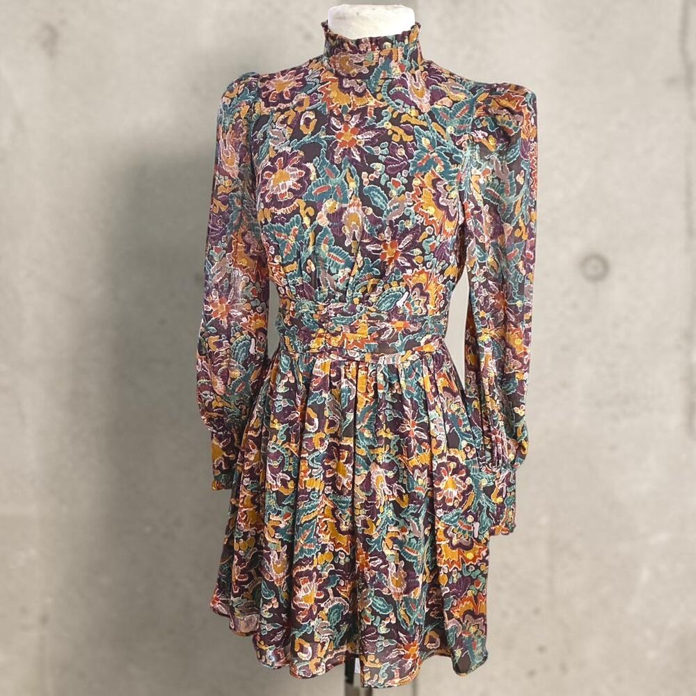 AQUA Floral Mini Dress XS Botanical Vintage Boho Eclectic Long Sleeve High Neck